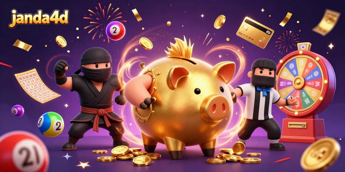Permainan menarik di janda4d dengan karakter casino menantang dan bola lotere yang berwarna-warni.