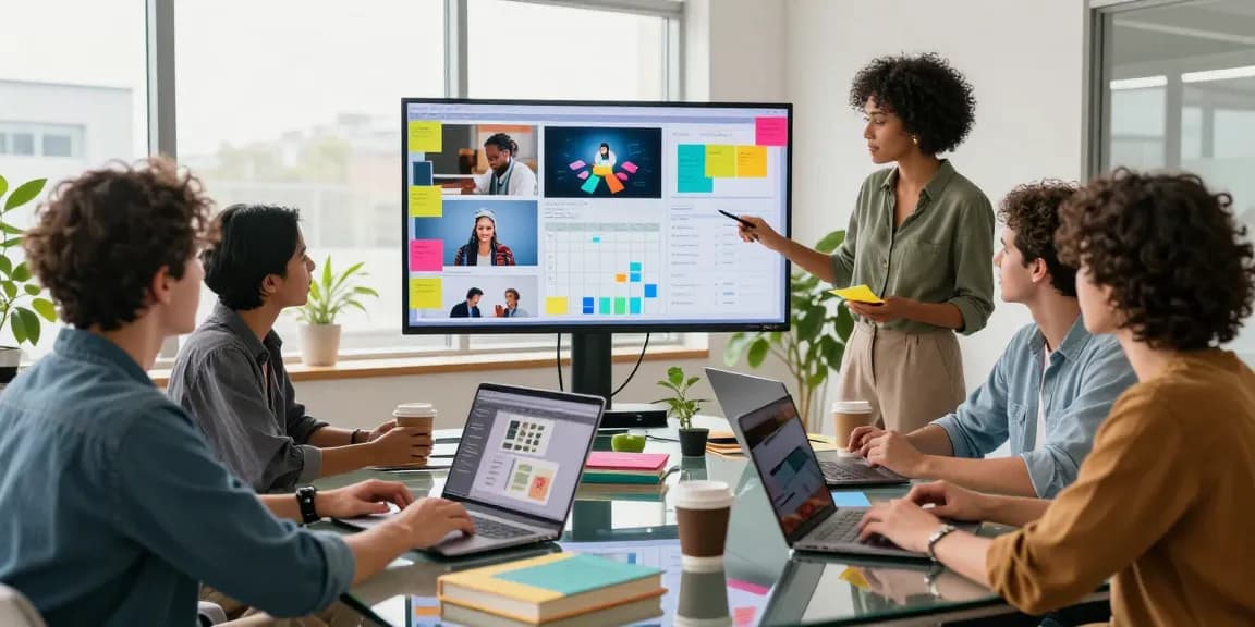 Collaborative team using a digital mixboard for brainstorming and design in a modern office.