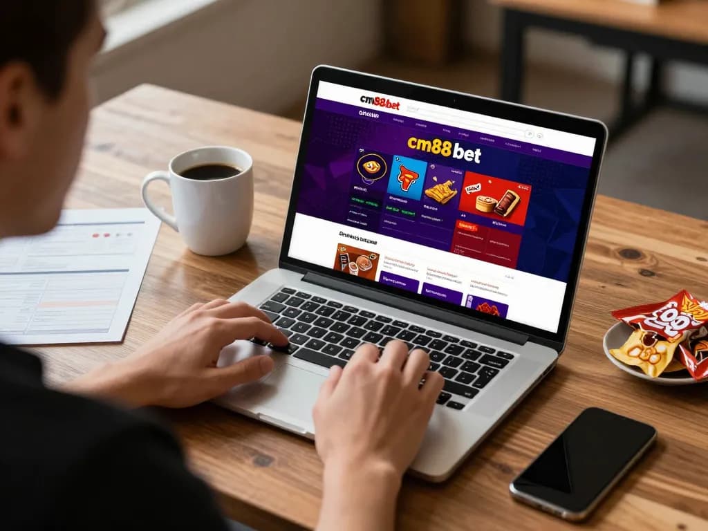 Engaging with cm88-bet online casino on a laptop, enjoying a strategic gaming session at home.