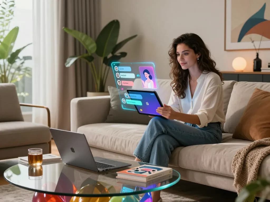 Engaging NSFW AI chat interaction in a modern living room with holographic interface.