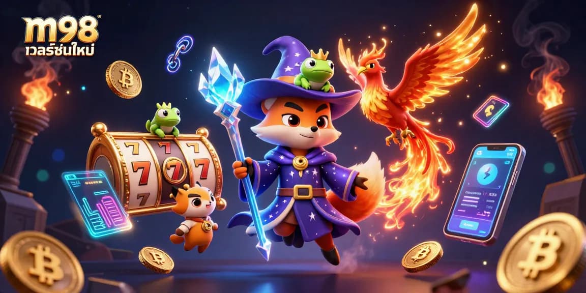 Engage in thrilling m98 เวอร์ชั่นใหม่ gaming with mystical characters and slot reels in a vibrant 3D scene.