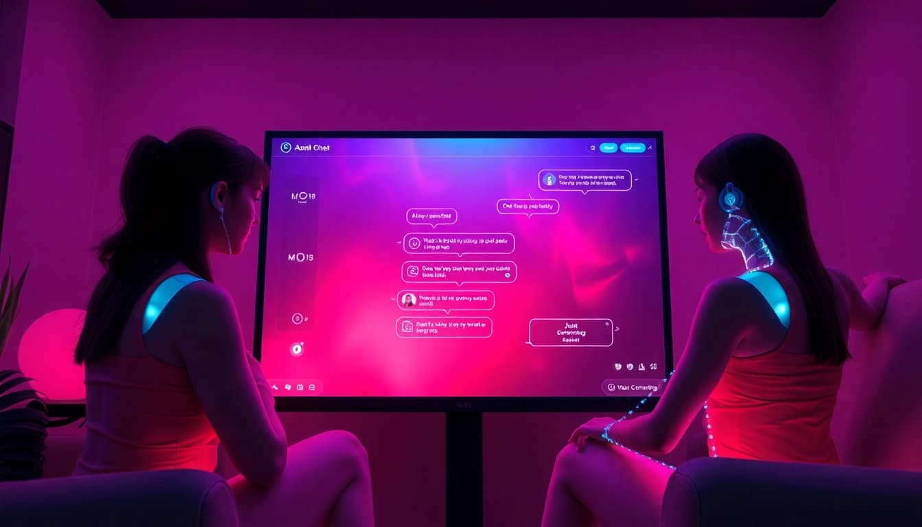 Engaging interface showcasing ai porn chat with vibrant colors and AI characters in conversation.