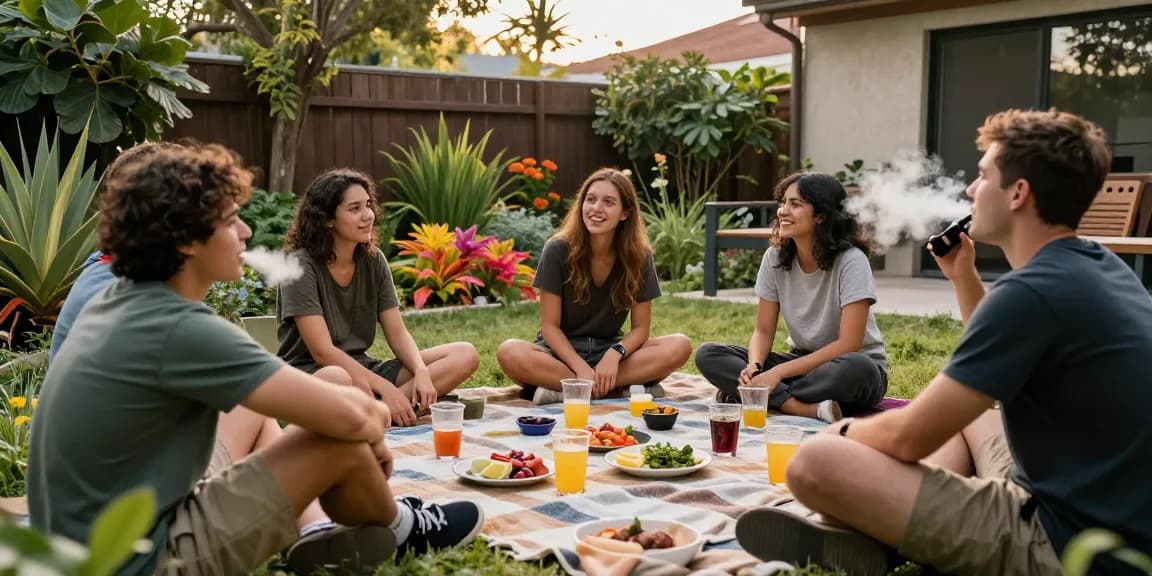 THC weed vape experience in a vibrant garden setting with friends enjoying quality time and organic wellness.