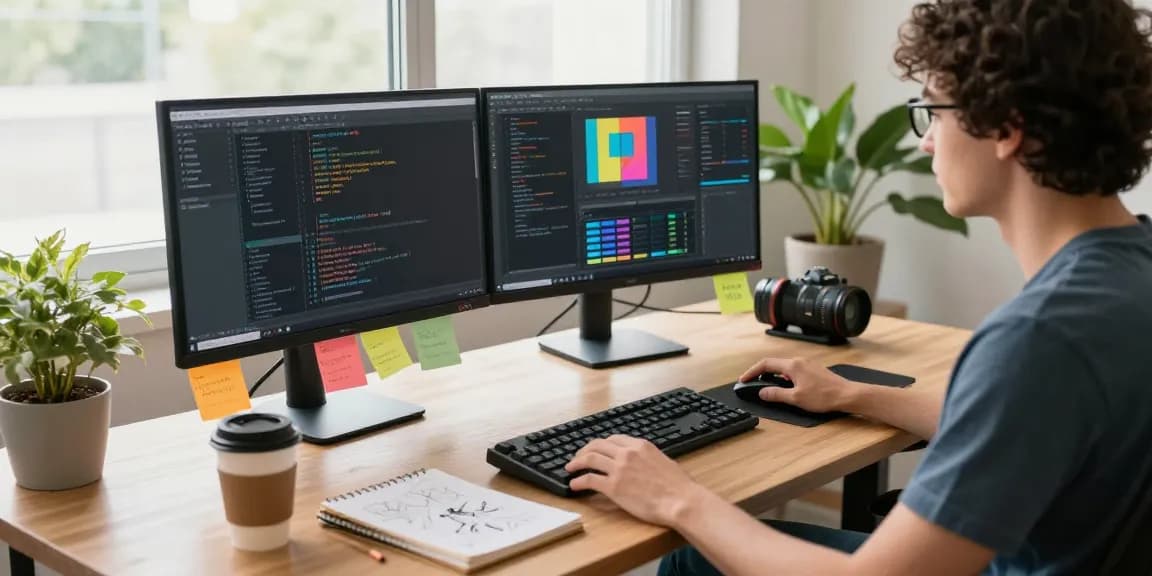A developer using snipaste官网 in a modern workspace with dual monitors and coding elements, promoting efficiency.