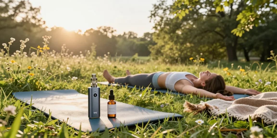 THC weed vape and premium CBD oil in a serene outdoor yoga session, highlighting natural wellness and integration.