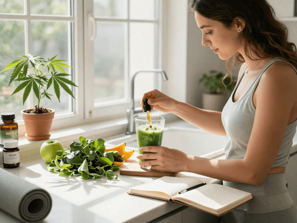 Buy weed online with certified CBD oil for wellness, vibrant kitchen routine with hemp plants and fresh ingredients.