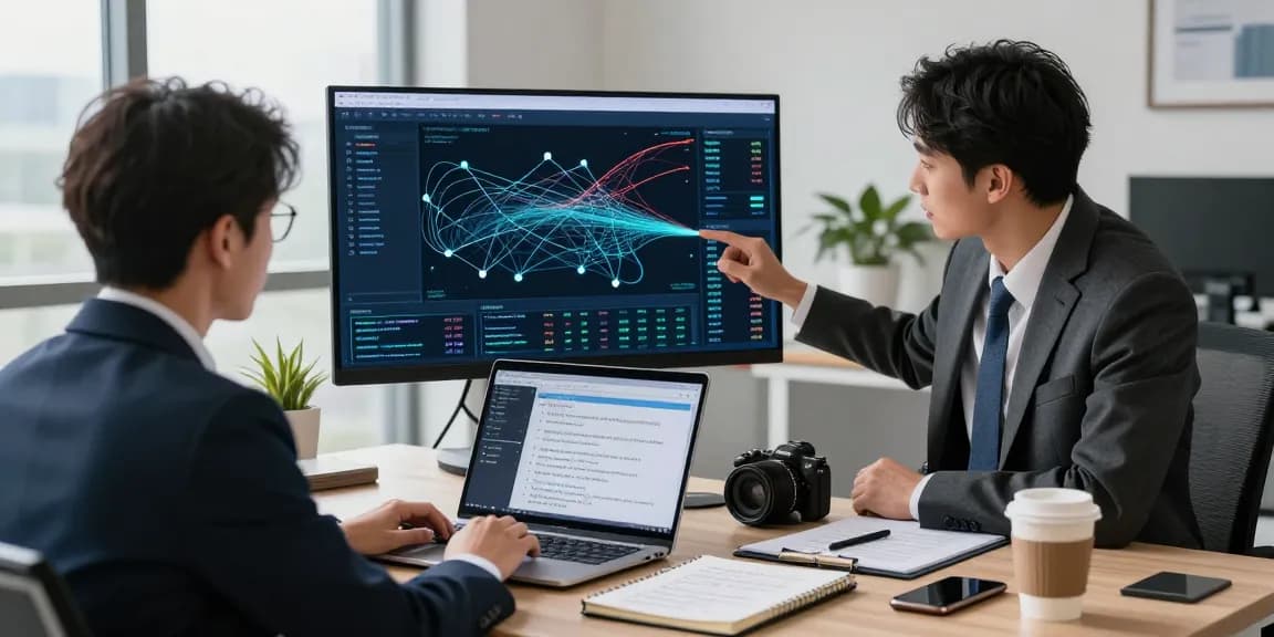 Dynamic office scene depicting asset tracing analysis with financial investigator tracking data insights.