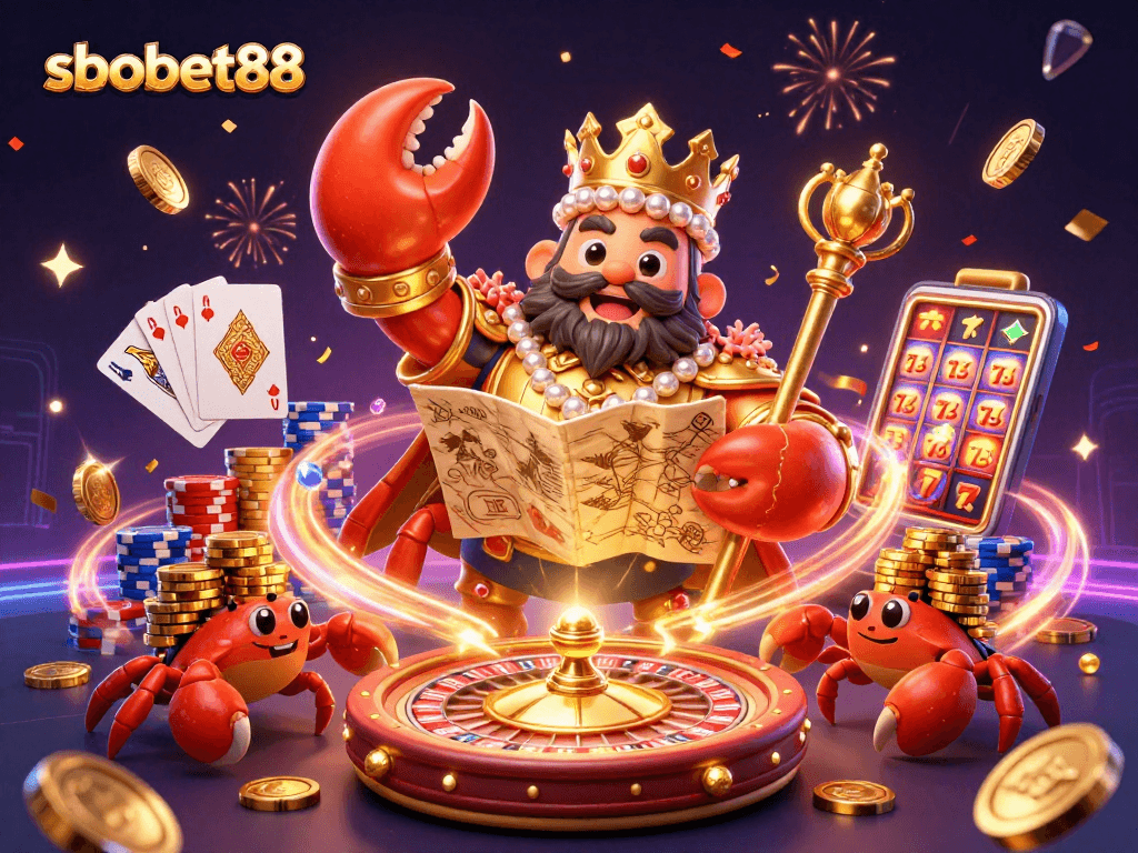 Engage in thrilling action with sbobet88's dynamic golden crab emperor in a vibrant casino scene.