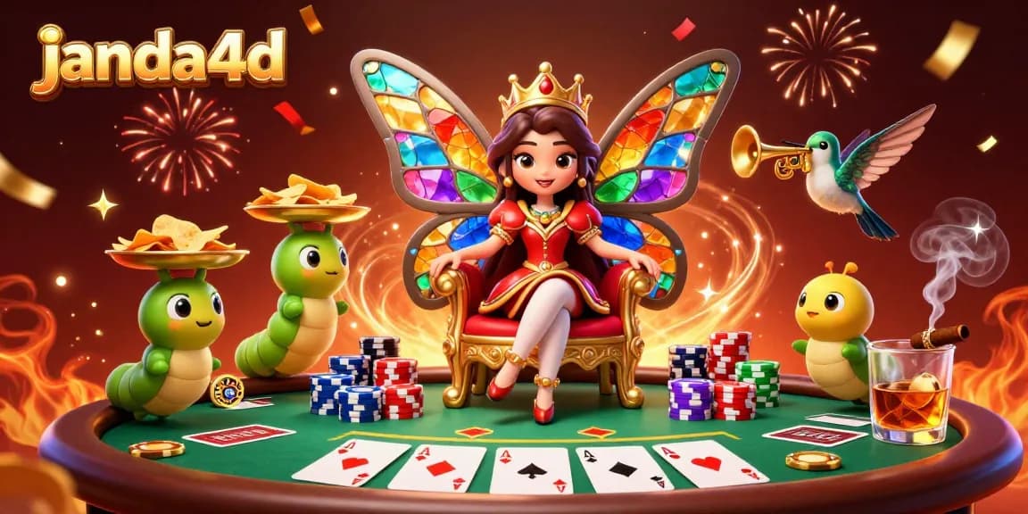 Menangkan chips di janda4d dengan ratu kupu-kupu 3D pada meja poker glamor yang dikelilingi karakter menarik.