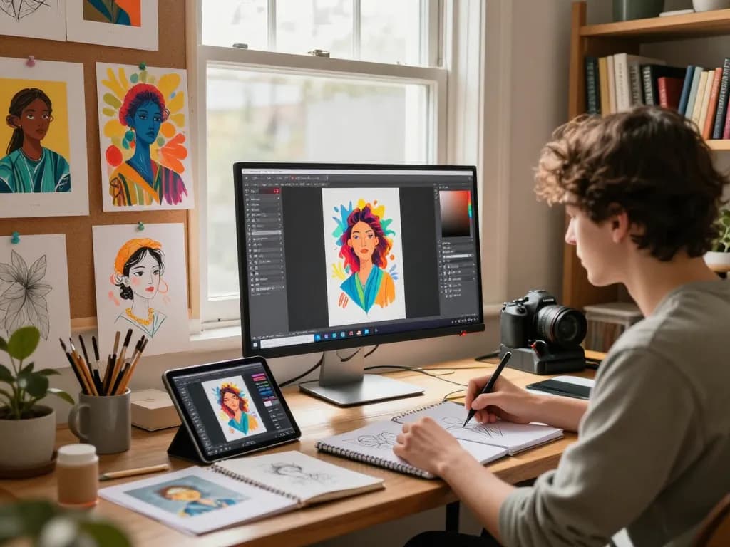 Young artist using the nano banana AI image editor to generate vibrant digital art in a creative workspace.
