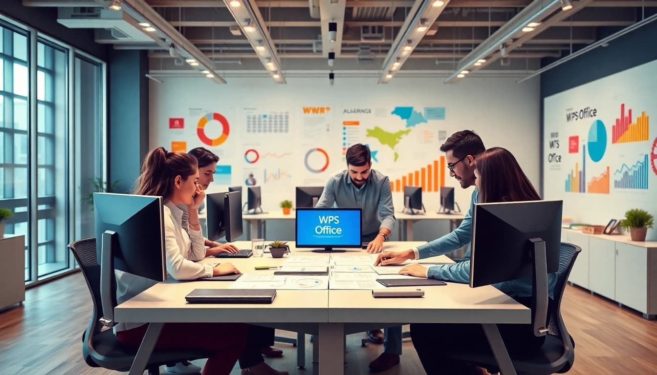 展示正在使用 WPS Office 应用的现代办公场景。
