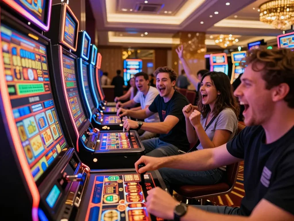 Players experiencing thrilling moments at https://rikvip75.com/ with vibrant slot machines and big wins.