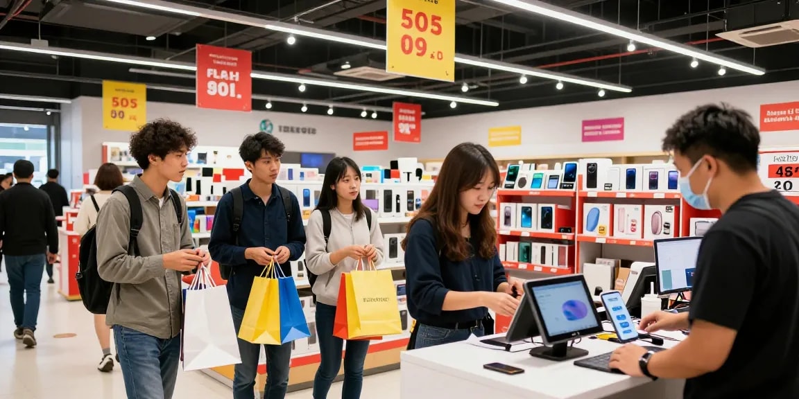 Shoppers enjoying the rokok88 flash sale with vibrant product displays and engaging promotions.