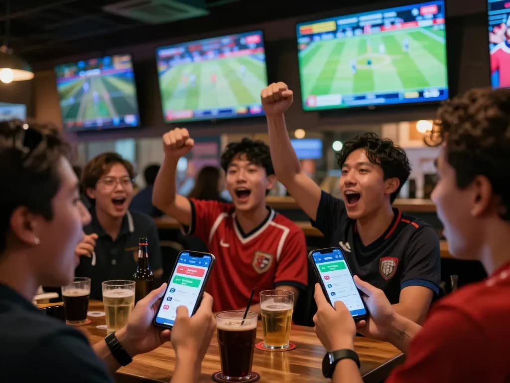 Fans engaging in live sports betting with kèo nhà cái hôm nay displayed on smartphones in an energetic sports bar.