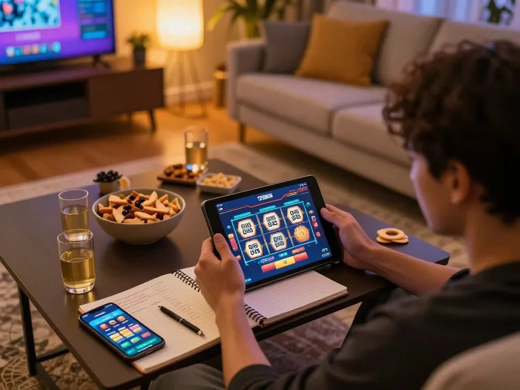 Engaging in a slot depo 10k dana game on tablet at home, showcasing comfortable gaming setup and strategy notes.