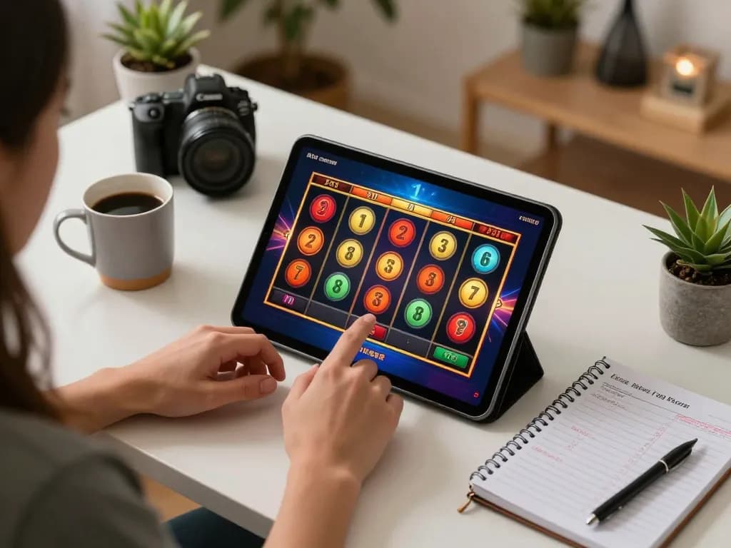 Person engaging with situs slot online, focused on tablet screen showing colorful slot reels and gaming strategies.