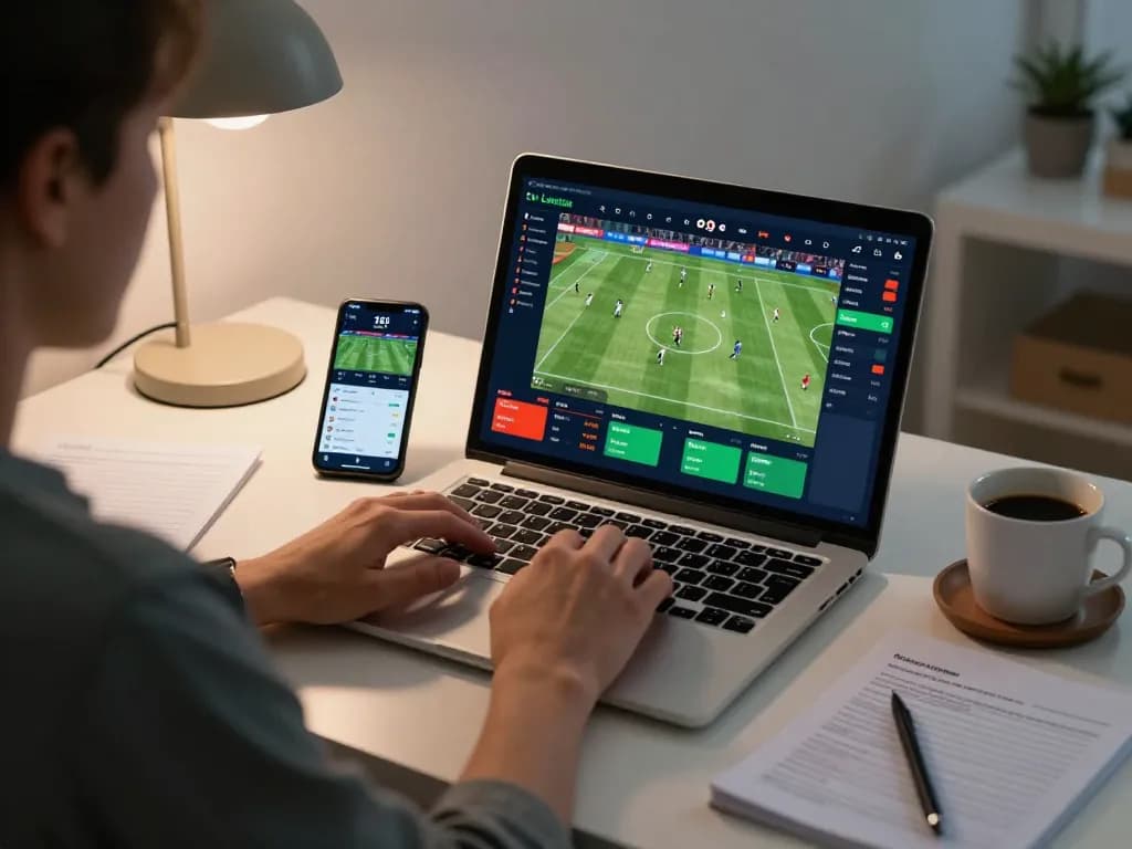 Engaging in kèo nhà cái betting while watching live sports match on a laptop at home