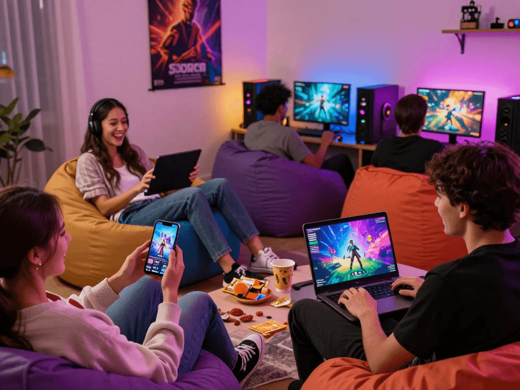 Free porn games players enjoying adult gaming on multiple devices in a vibrant lounge.