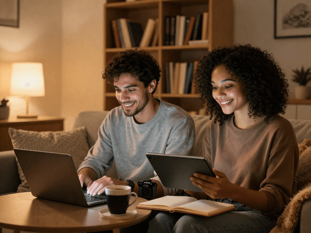 Engaging in intimate conversations using sex ai chat in a cozy living room setting.