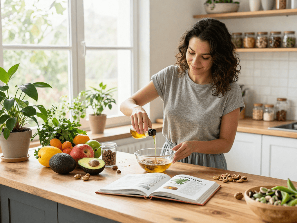 Cannabis edibles preparation with CBD-infused oil and organic ingredients in a bright kitchen, promoting wellness.