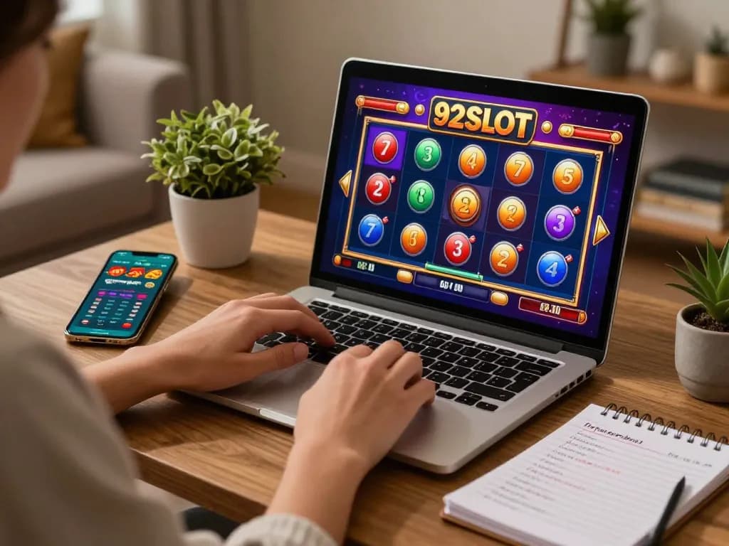Person strategizing while playing 92slot in a cozy living room environment.