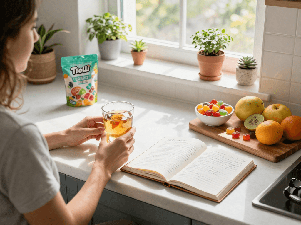 Trolli sweets UK gummies featured in a natural wellness scene with herbal tea and CBD elements.