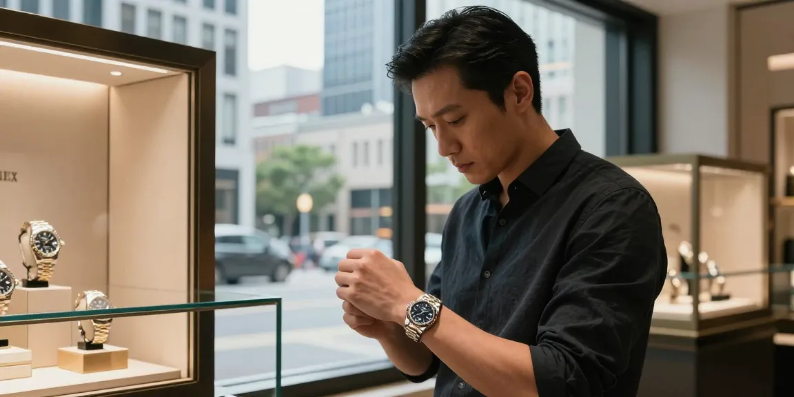 Close-up of a rolex replica watch on a fashionable wrist, highlighting luxury detail in an urban environment.