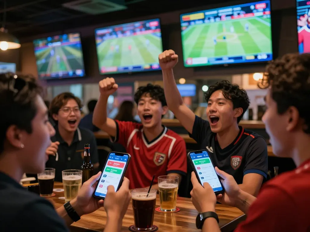 Fans engaging in live sports betting with kèo nhà cái hôm nay displayed on smartphones in an energetic sports bar.