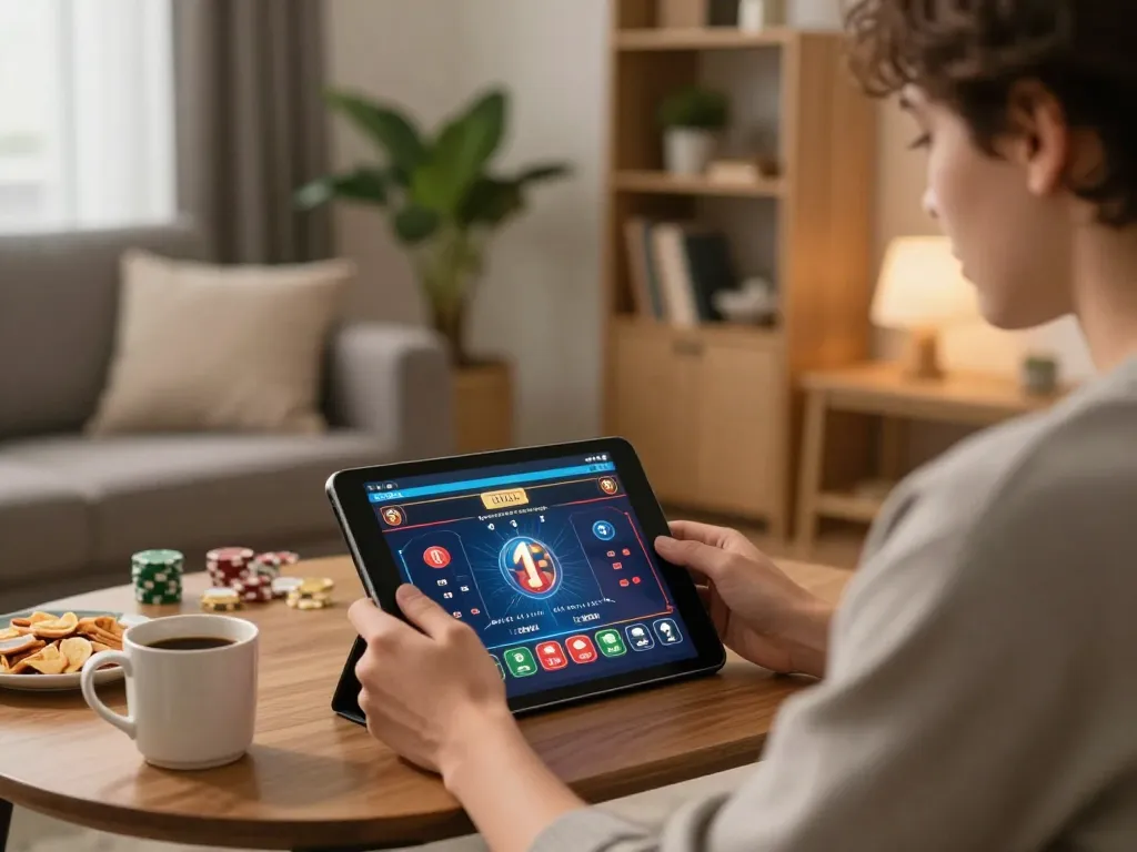 Engaged player enjoying online casino games at home, showcasing nhà cái fly88 experience.