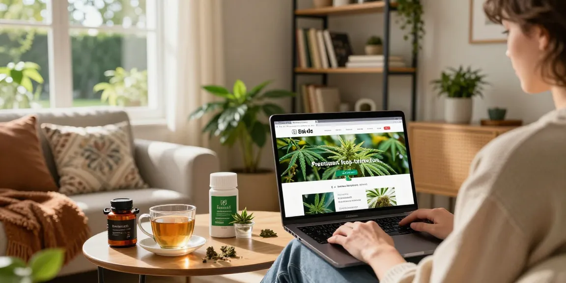 Browsing premium weed online uk with a warm home atmosphere.
