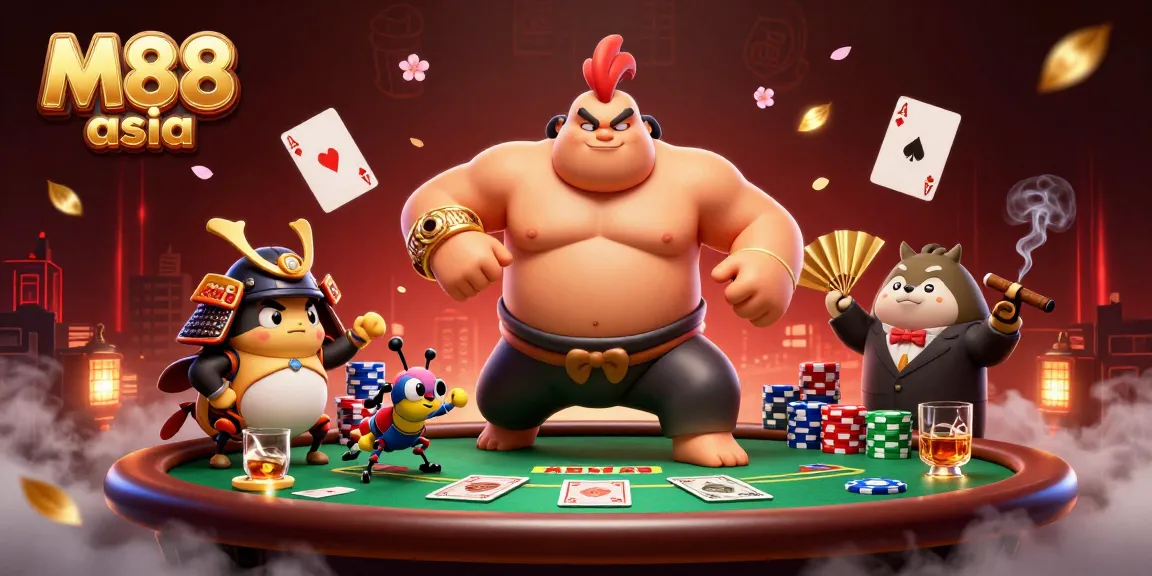 M88 asia features a sumo wrestler rooster and samurai cricket in an action-packed poker scene.