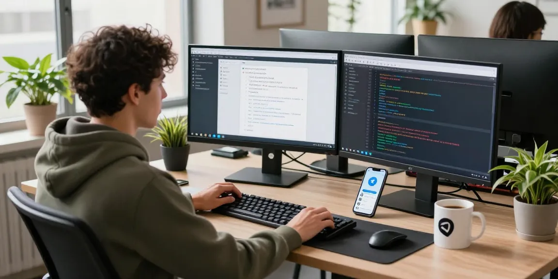 Developer coding telegram中文版下载 interface in a modern workspace