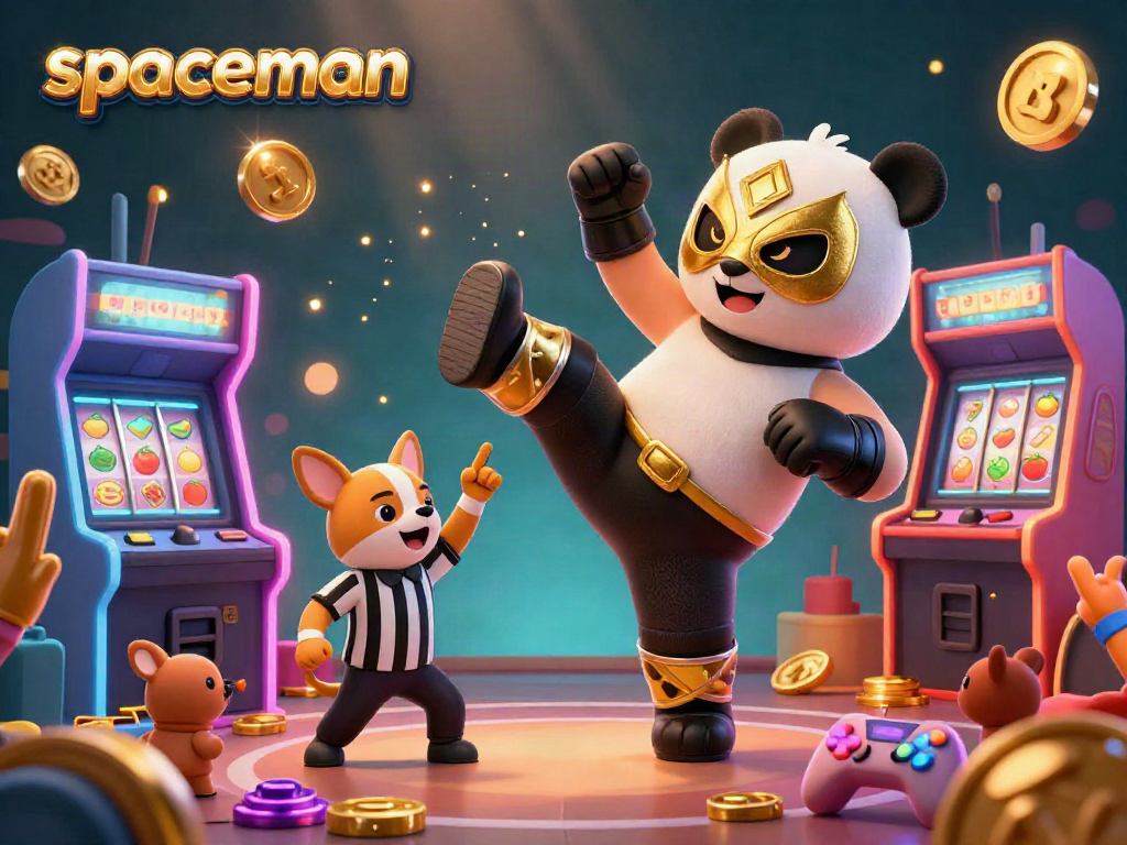 Spaceman presents a dynamic 3D scene with a flying panda wrestler and cheering animal spectators at casino-themed arcade.