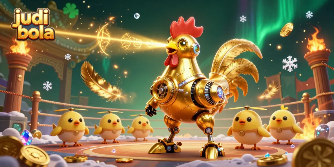 Bets come alive with judi bola in a vibrant 3D illustration showcasing a golden rooster robot and betting arena.