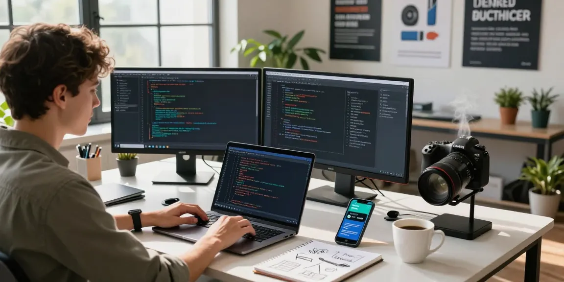 Engaging workspace showcasing telegram中文版下载 on multiple devices in a vibrant tech setting.