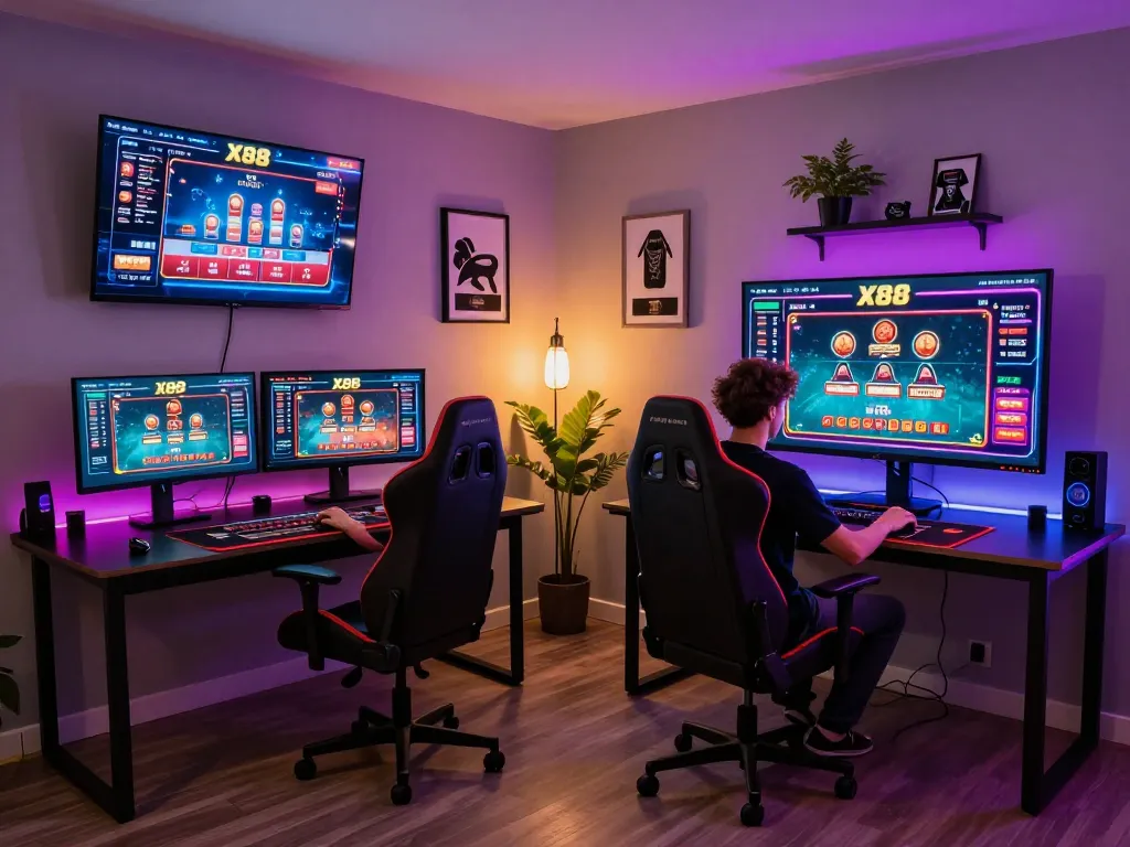 X88 casino player engaging in live dealer game on multiple screens, showcasing a modern gaming setup.
