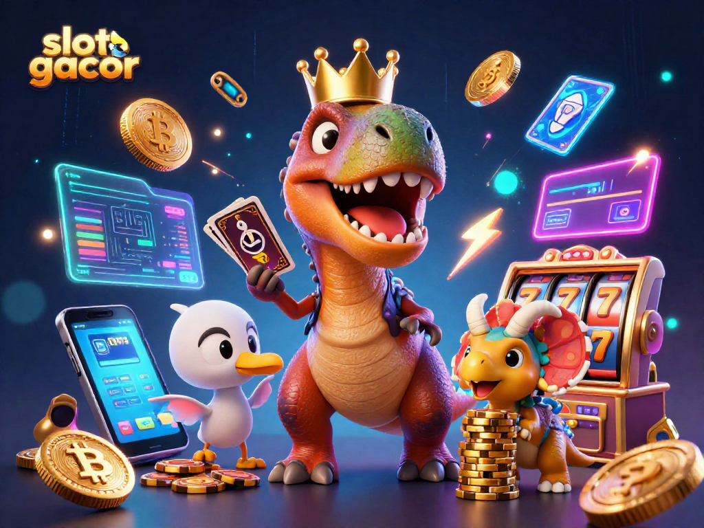 Engage with slot gacor in a lively 3D cartoon scene featuring playful characters and vibrant gambling elements.