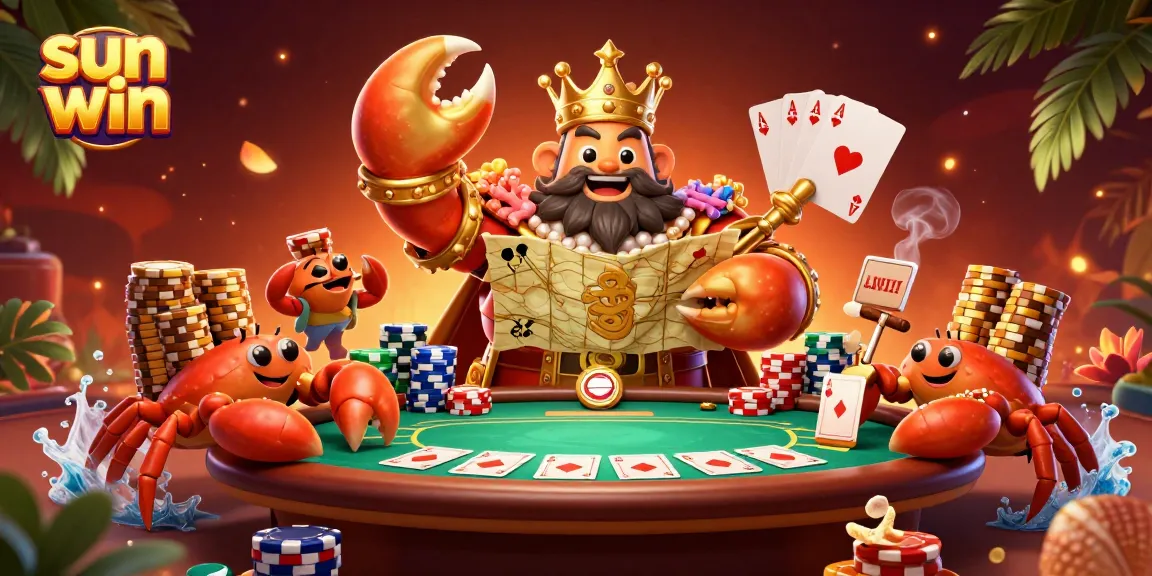 Experience the thrill of sun win with a vibrant scene featuring golden crab royalty and dynamic poker elements.