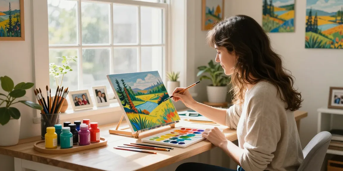 Creating vibrant artwork with a paint by number kit in a sunny home studio
