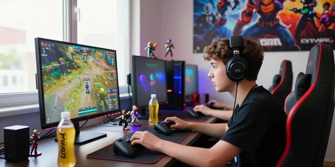 NAGA2000: Topup akun game tanpa biaya admin setiap hari, gamer beraksi di depan monitor besar.