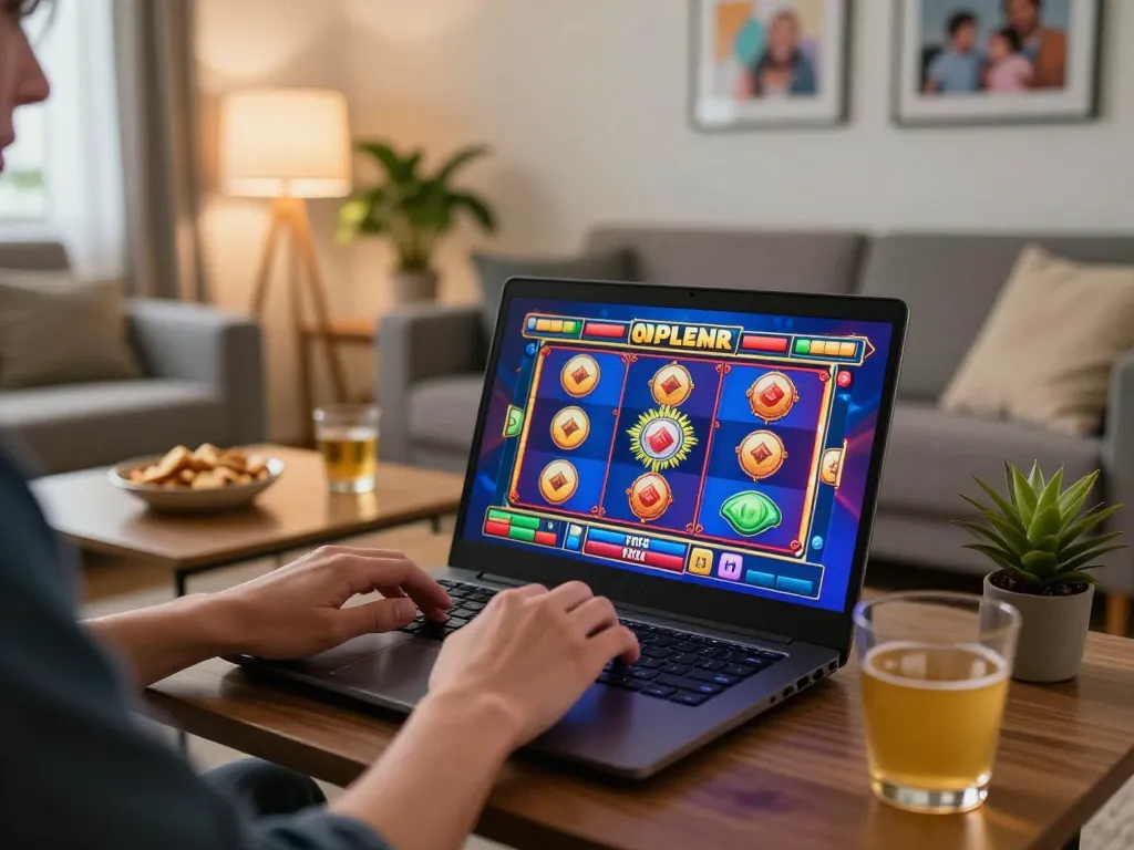 L567 online slots enthusiast enjoying a vibrant gaming session at home.