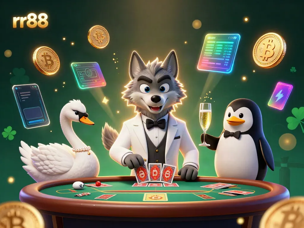 Engage with the exciting world of rr88 casino featuring a wolf, swan, and penguin in 3D at a baccarat table.