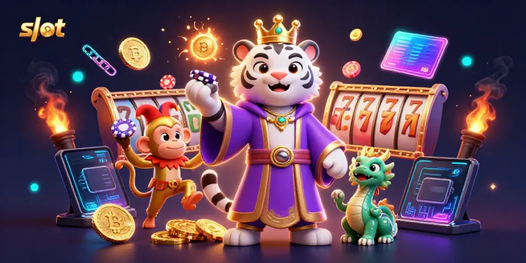 Engage with slot games through a whimsical scene featuring a royal tiger, juggling monkey, and dragon.