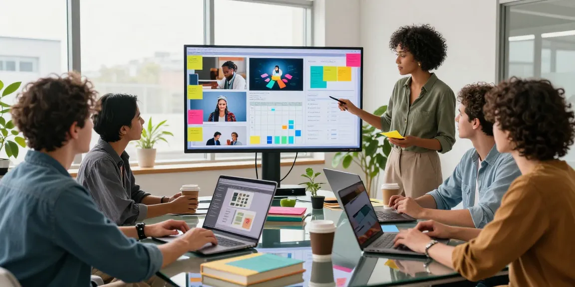 Collaborative team using a digital mixboard for brainstorming and design in a modern office.