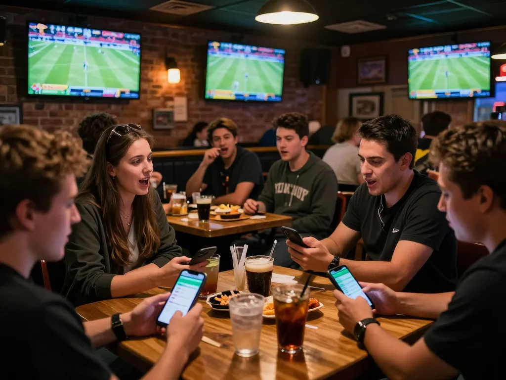Excited fans engaged in kèo nhà cái betting strategies during live sports events in a vibrant bar atmosphere.