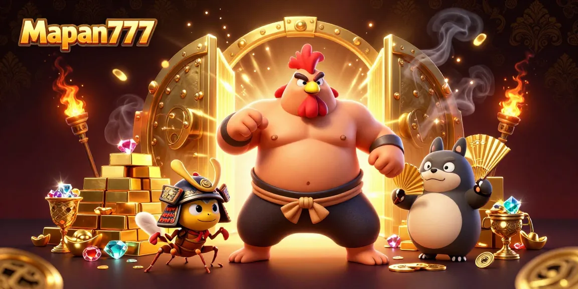 Experience Mapan777 as the sumo rooster stomps amidst treasures, gems, and excitement in this vibrant casino scene.