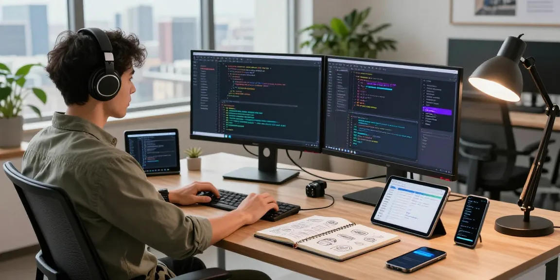 Developer engaging with koboldai via dual monitors in a modern tech workspace