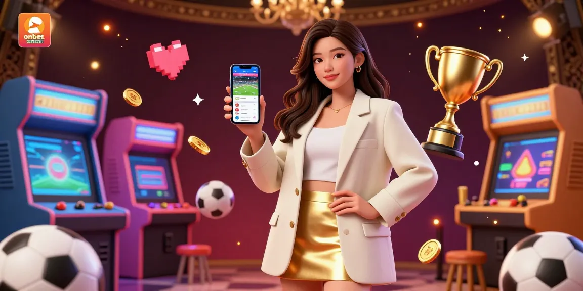 Engage with onbet stream featuring a captivating Asian woman showcasing a sports betting app in a vibrant casino environment.
