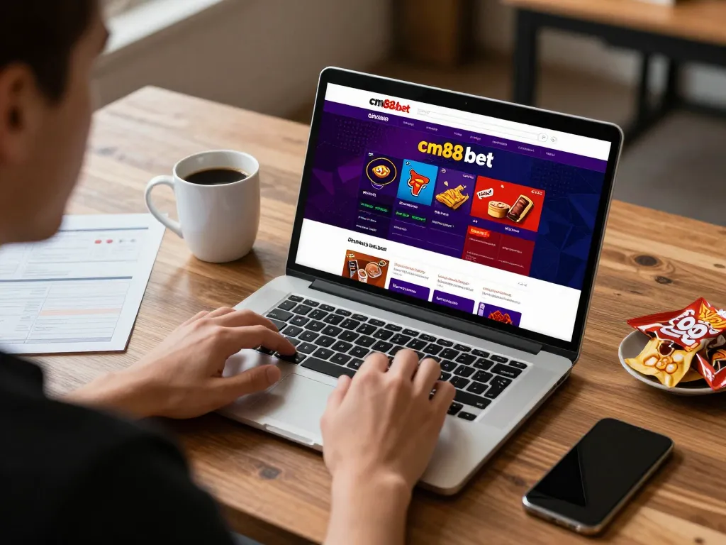 Engaging with cm88-bet online casino on a laptop, enjoying a strategic gaming session at home.