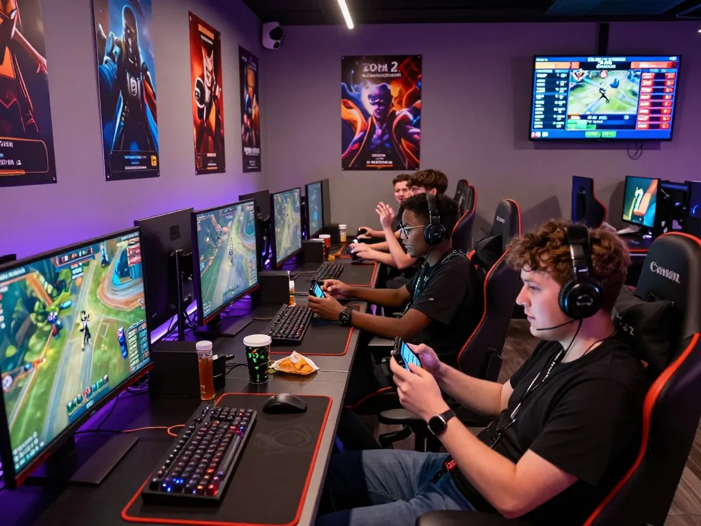 Exciting esports betting scene in Singapore, gamers focused on live matches and betting odds.